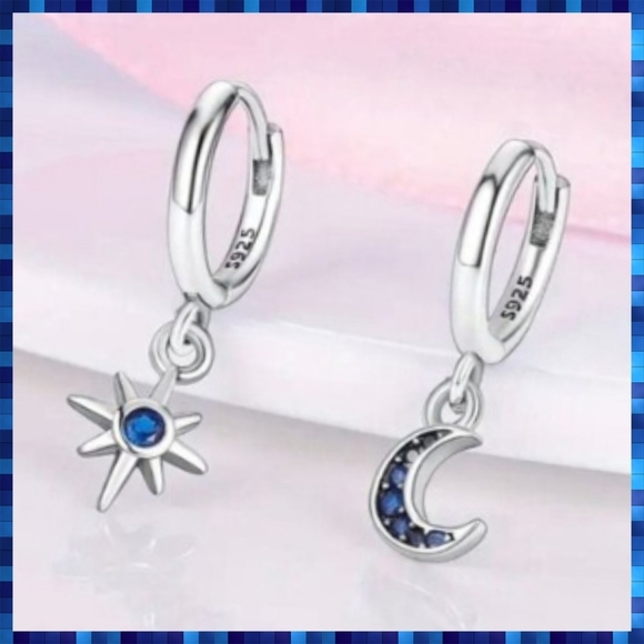 Moon & Star Earrings Sterling Silver Blue Rhinestone Small Hoop earring Trending - Picture 2 of 9